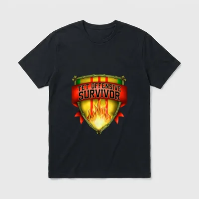 Vietnam Veteran Tet Offensive T-Shirt – TET OFFENSIVE SURVIVOR text on a shield with flames – Classic T-Shirt in Black