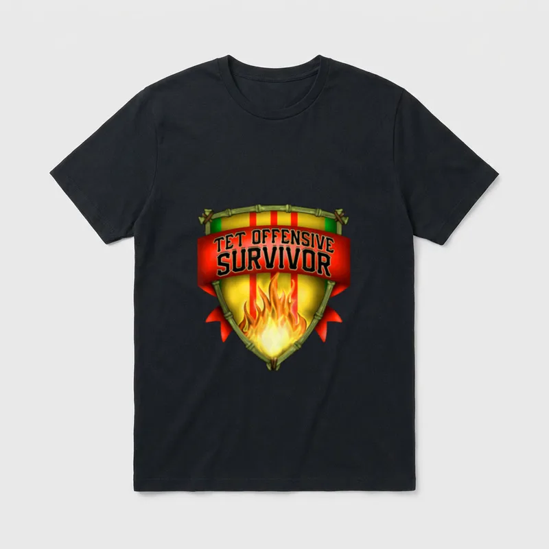 Vietnam Veteran Tet Offensive T-Shirt – TET OFFENSIVE SURVIVOR text on a shield with flames – Classic T-Shirt in Black