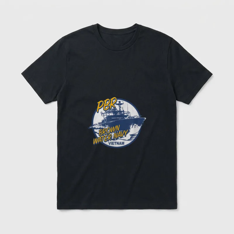 Patrol Boat River Vietnam T-Shirt – PBR BROWN WATER NAVY VIETNAM text with patrol boat graphic – Classic T-Shirt in Black