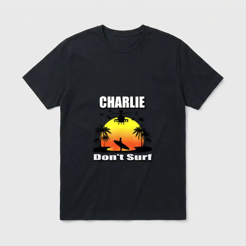 Vietnam Veteran Surfer T-Shirt – CHARLIE Don't Surf text with surfer and helicopters – Classic T-Shirt in Black