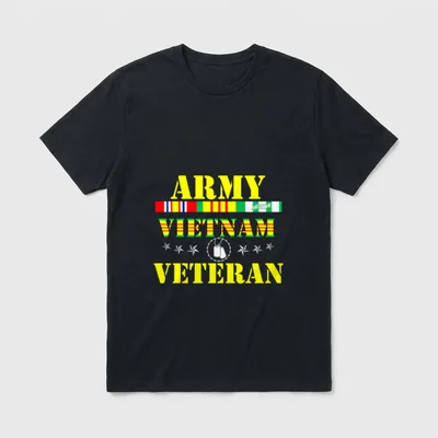 Mens Vietnam Service Long Sleeve T-Shirt – ARMY VETERAN VETERAN text with ribbon bar and dog tags – Classic T-Shirt in Black