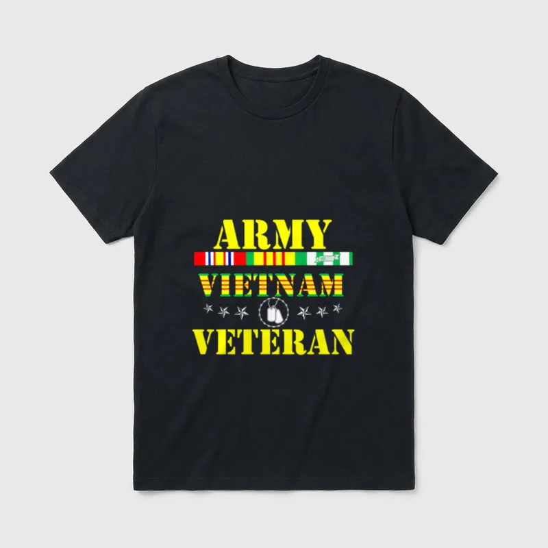 Mens Vietnam Service Long Sleeve T-Shirt – ARMY VETERAN VETERAN text with ribbon bar and dog tags – Classic T-Shirt in Black