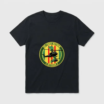 Huey Chopper Vietnam T-Shirt – UH-1 HUEY VIETNAM VETERAN text on circular patch – Classic T-Shirt in Black