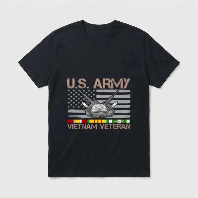 US Army Vietnam T-Shirt – U.S. ARMY and VIETNAM VETERAN text with helmet, rifles and grenades – Classic T-Shirt in Black