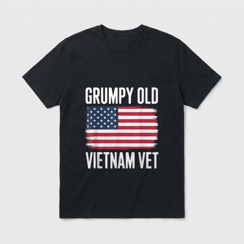 Vietnam War Veteran Pride T-Shirt – GRUMPY OLD" and "VIETNAM VET" with distressed flag – Classic T-Shirt in Black