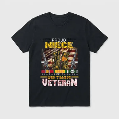 Vietnam War Vet T-Shirt – Proud Niece of a Vietnam Veteran graphic with boots and rifles – Classic T-Shirt in Black