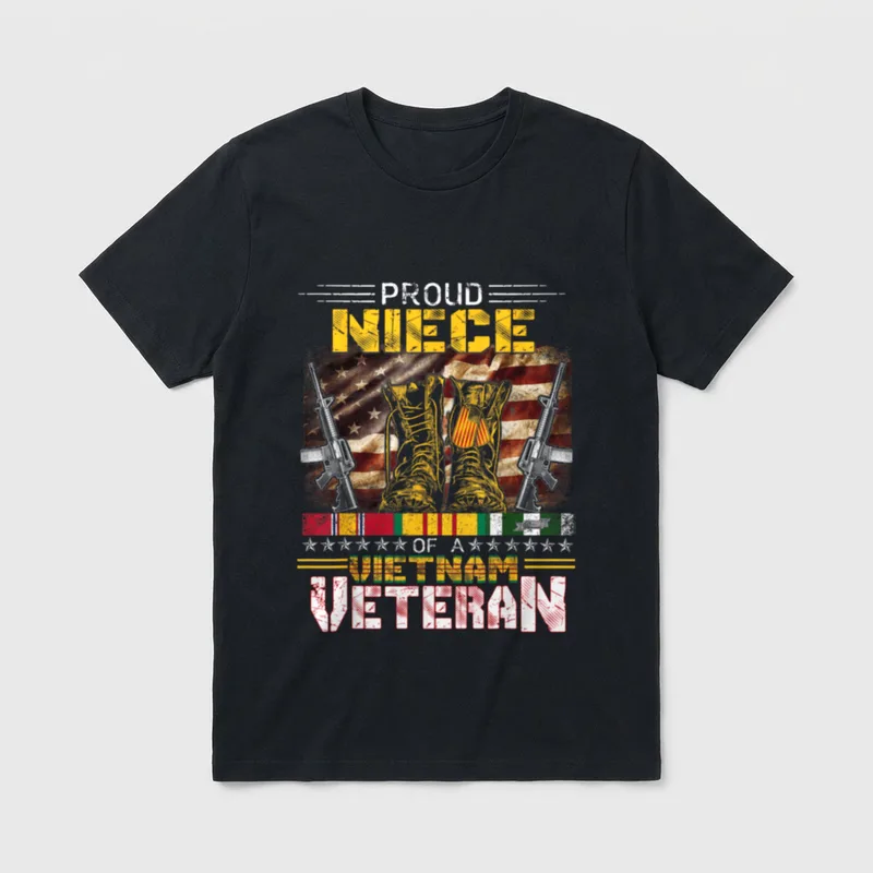 Vietnam War Vet T-Shirt – Proud Niece of a Vietnam Veteran graphic with boots and rifles – Classic T-Shirt in Black
