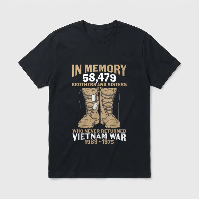 Vietnam War Combat Boots Dog Tag T-Shirt – Boots and dog tags honoring 58,479 Vietnam War victims – Classic T-Shirt in Black