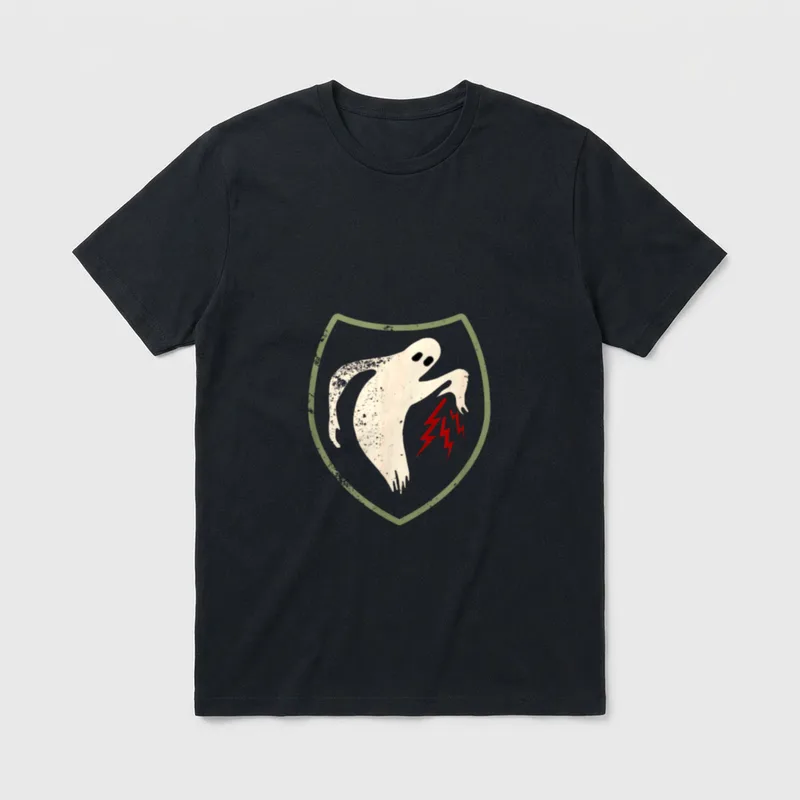 Ghost Army WWII Veteran T-Shirt – Pale ghost figure with lightning bolts on shield in green frame – Classic T-Shirt in Black