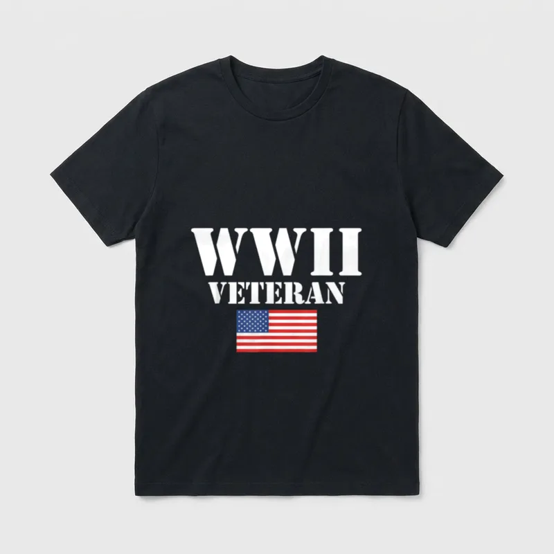 WWII Veteran Patriot T-Shirt – WWII VETERAN text with American flag below – Classic T-Shirt in Black
