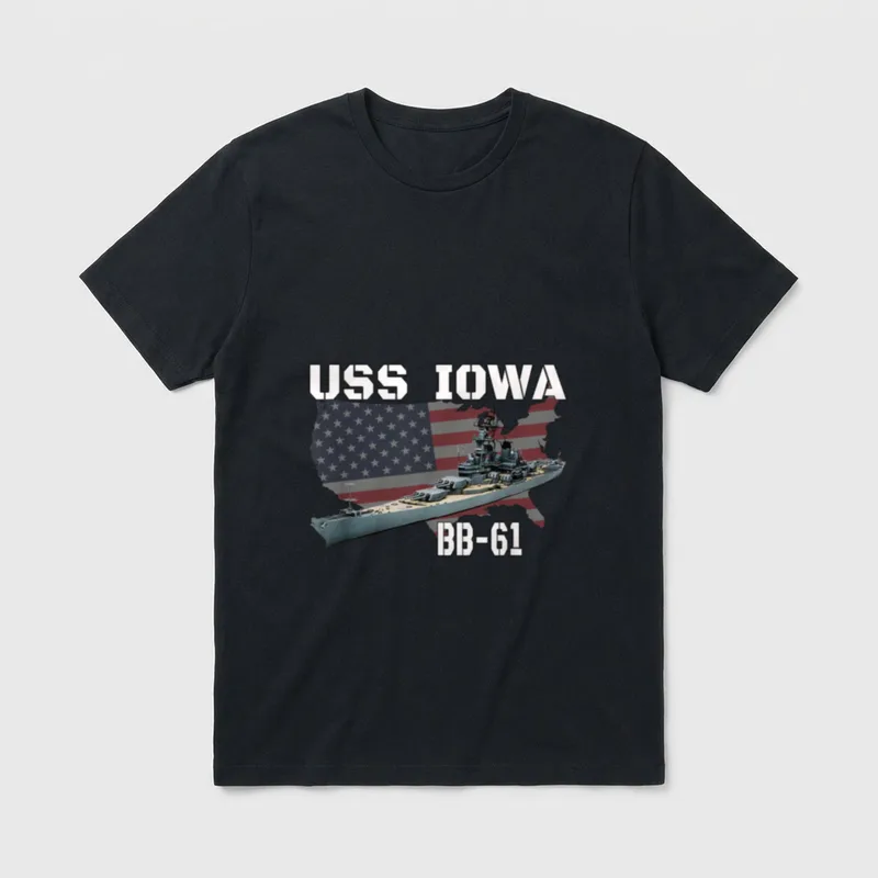 USS Iowa Battleship Veteran T-Shirt – USS Iowa BB-61 text with battleship image over US map – Classic T-Shirt in Black