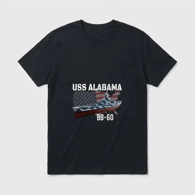 USS Alabama Battleship T-Shirt – USS ALABAMA and BB-60 printed on shirt with warship image – Classic T-Shirt in Black