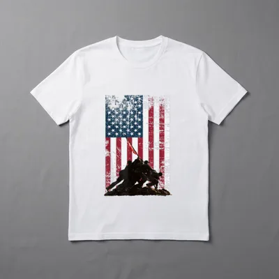 Iwo Jima Flag Raising T-Shirt – Soldiers raising American flag with distressed flag background – Classic T-Shirt in Black