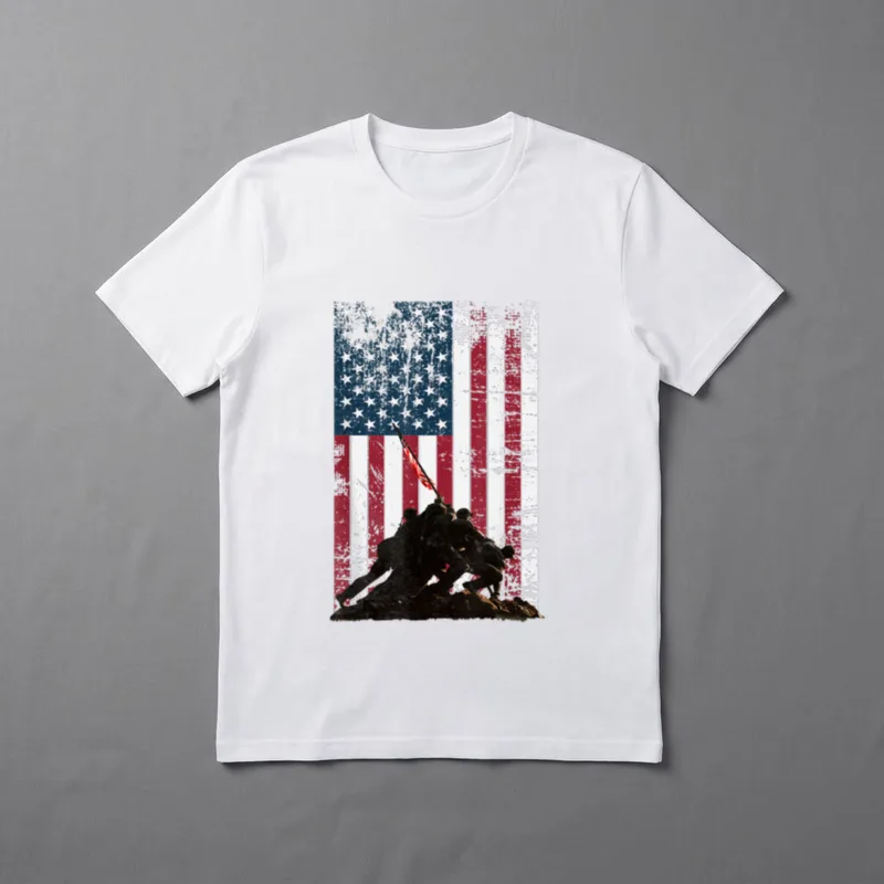 Iwo Jima Flag Raising T-Shirt – Soldiers raising American flag with distressed flag background – Classic T-Shirt in Black