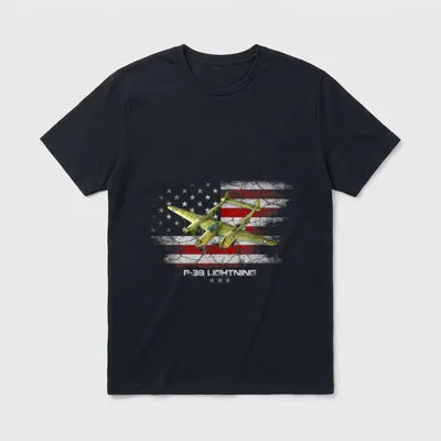 P-38 Lightning Pilot T-Shirt – P-38 Lightning text with twin-engine fighter jet on flag background – Classic T-Shirt in Black