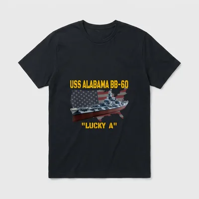 Navy Veteran Warship T-Shirt – USS Alabama BB-60 battleship with "Lucky A" nickname in yellow text – Classic T-Shirt in Black