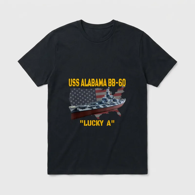 Navy Veteran Warship T-Shirt – USS Alabama BB-60 battleship with "Lucky A" nickname in yellow text – Classic T-Shirt in Black