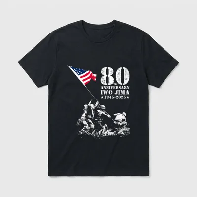 Iwo Jima 80th Anniversary T-Shirt – 80TH ANNIVERSARY IWO JIMA 1945-2025 with flag and soldiers – Classic T-Shirt in Black