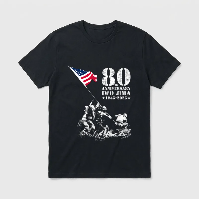 Iwo Jima 80th Anniversary T-Shirt – 80TH ANNIVERSARY IWO JIMA 1945-2025 with flag and soldiers – Classic T-Shirt in Black
